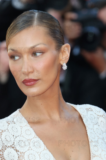 Bella Hadid (Schiaparelli dress by Daniel Roseberry) attends the "La Bataille De Gaulle: L'Âge De Fer" (De Gaulle: Tilting Iron) screening during the 79th annual Cannes Film Festival at Palais des Festivals on May 20, 2026 in Cannes, France