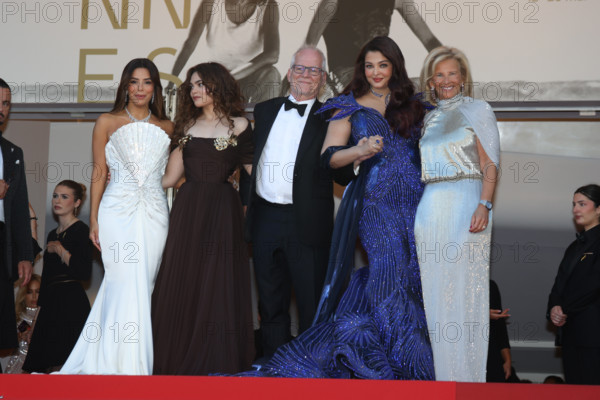 Indian actress and model Aishwarya Rai Bachchan (in Amit Aggarwal), American actress Ariana Greenblatt (in Miu Miu), American actress Eva Longoria (in Tamara Ralph), Iris Knobloch, and Thierry Frémaux at Histoires De La Nuit (The Birthday Party) Red Carpet during Cannes Film Festival 2026 in Cannes (France), May 22nd, 2026