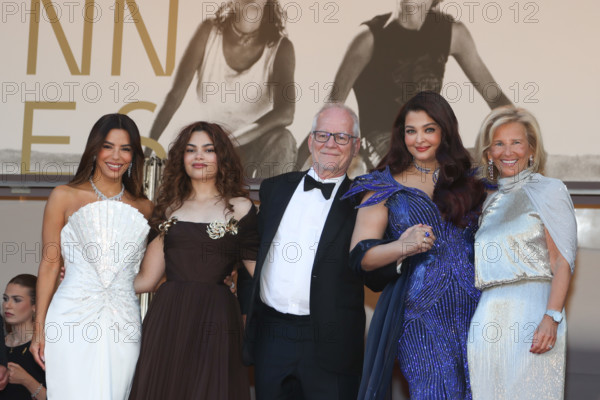 Indian actress and model Aishwarya Rai Bachchan (in Amit Aggarwal), American actress Ariana Greenblatt, American actress Eva Longoria (in Tamara Ralph), Iris Knobloch, and Thierry Frémaux at Histoires De La Nuit (The Birthday Party) Red Carpet during Cannes Film Festival 2026 in Cannes (France), May 22nd, 2026