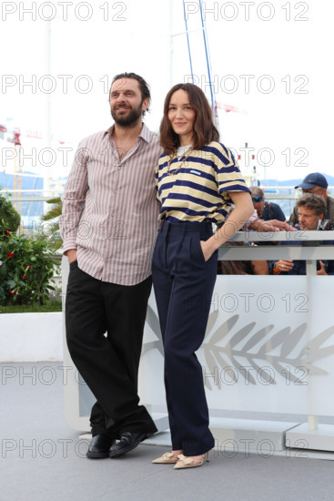 Pio Marmaï and Anaïs Demoustier (in Prada) pose during "La Vénus Electrique" (The Electric Kiss) photocall at the 79th annual Cannes Film Festival at Palais des Festivals on May 13, 2026 in Cannes, France.