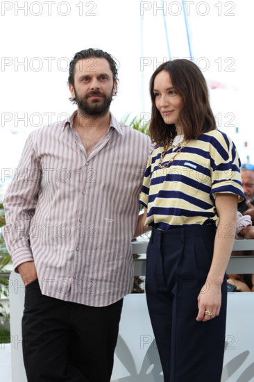 Pio Marmaï and Anaïs Demoustier (in Prada) pose during "La Vénus Electrique" (The Electric Kiss) photocall at the 79th annual Cannes Film Festival at Palais des Festivals on May 13, 2026 in Cannes, France.