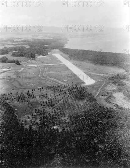 Aerial view of an airfield under construction on Guadalcanal (1943)