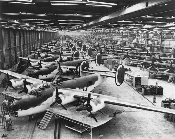 Assembly of B-24 Liberator heavy bombers, United States, 1944.
