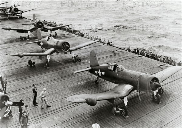 Vought F4U Corsair fighters on the aircraft carrier "Intrepid",1944-45.