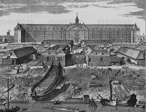 Gravure de J. Mulder : Chantier naval de l'Amirauté à Amsterdam