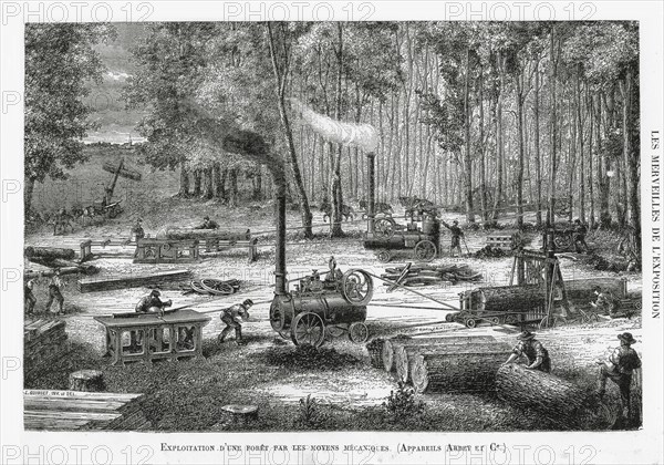 Exploitation of a forest with agricultural machines, 1878