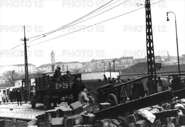 Budapest, Russian truck transporting armed soldiers and a gun