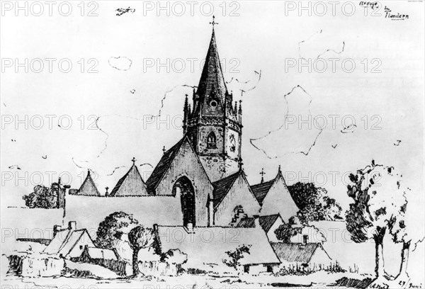 Dessin d'Adolf Hitler : un village en Flandres