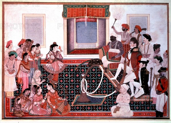 An Indian prince (Mahadaji Sindhia) putting on a show in honor of the English viceroy in Delhi (ca. 1820)