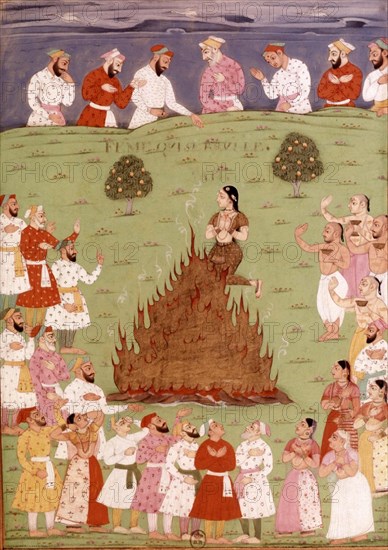 Miniature indienne. Veuve de Radja se faisant brûler vive sur le bucher