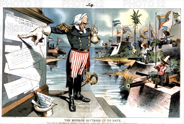 Satirical cartoon in 'Judge': The Monroe doctrine applied to Latin America under certain conditions