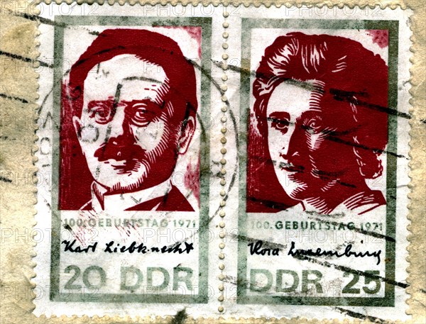 Postage stamps bearing the effigy of Karl Liebknecht and Rosa Luxemburg
