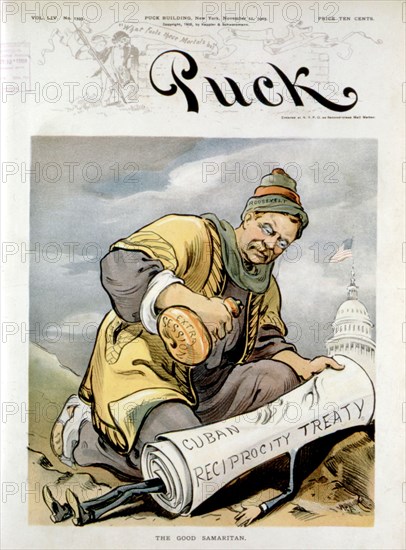 Satirical cartoon in 'Puck' about the reciprocity treaty with Cuba