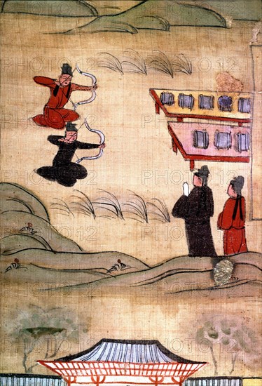 Bande marginale chinoise anonyme. Le jeune Bouddha s'exerce au tir à l'arc avec un compagnon dans un jardin