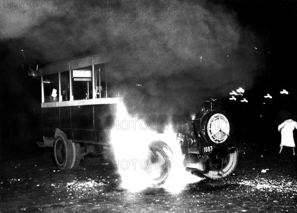 General strike in Paris, a bus on fire