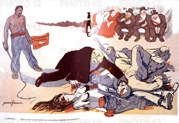 Caricature by Grandjouan: 'L'Assiette au beurre', 'Clémenceau et les grèves'