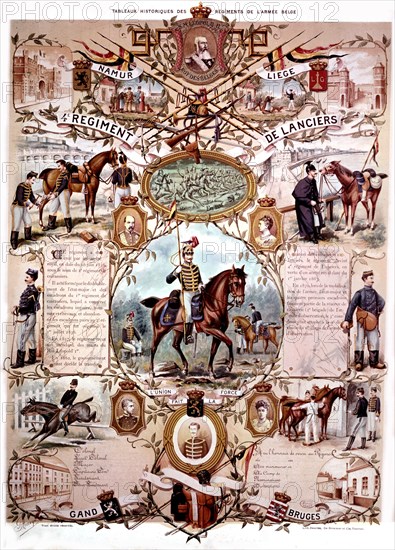 Historical colouredr print or the regiments of the Belgian army