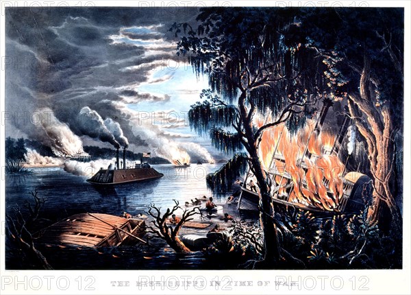 Lithographie de Currier and Ives. Le Mississipi au temps de la Guerre de Secession.