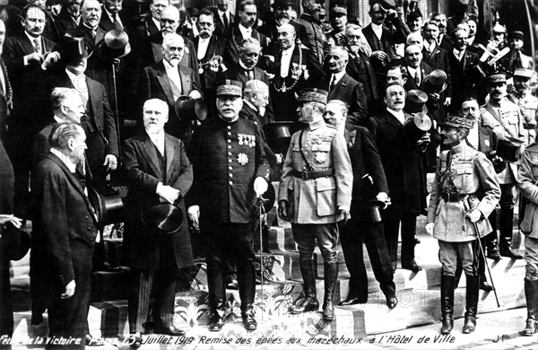 Celebration of the victory in Paris: Marshals are given swords in front of the Hotel de Ville