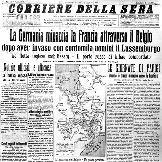 Page de titre du journal "Corrière della Sera" annonçant le début de la guerre