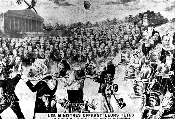 Les ministres offrant leur tête aux représentants du peuple, vers 1900