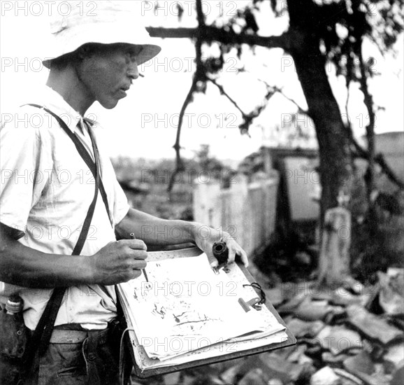 Hiroshima. Japonais faisant un croquis des ruines