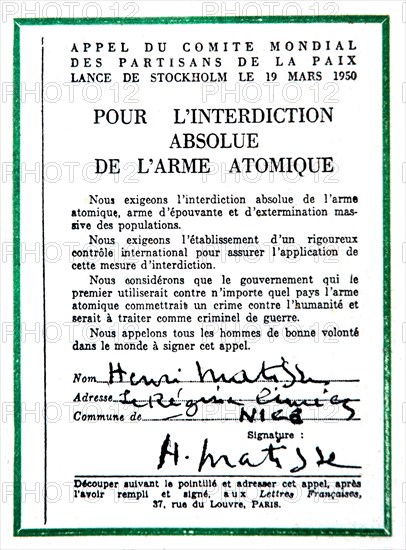 Une du journal "Les lettres françaises". Détail : "Henri Matisse a signé l'appel de Stockholm"