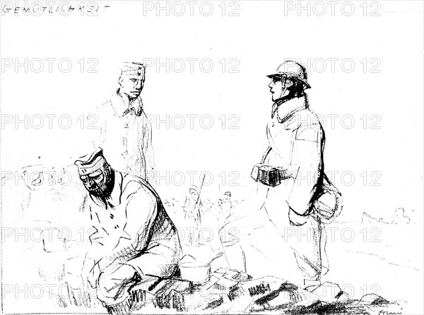 Caricature de Jean-Louis Forain (1852-1931) dans "De la Marne au Rhin", dessin des années de guerre. "- Elle vous épate, notre grosse pièce qui tire sur Paris ? / , Tu parles... Elle ne rate pas un berceau !"