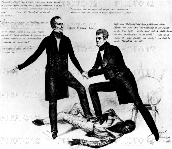 Caricature montrant Henri Clay (à gauche) et John D. Calhoum (à droite) debout sur un noir écrasé