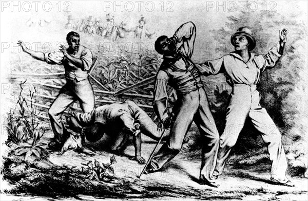 Affiche montrant un noir fugitif poursuivi par des blancs "chercheurs" d'esclaves, armées