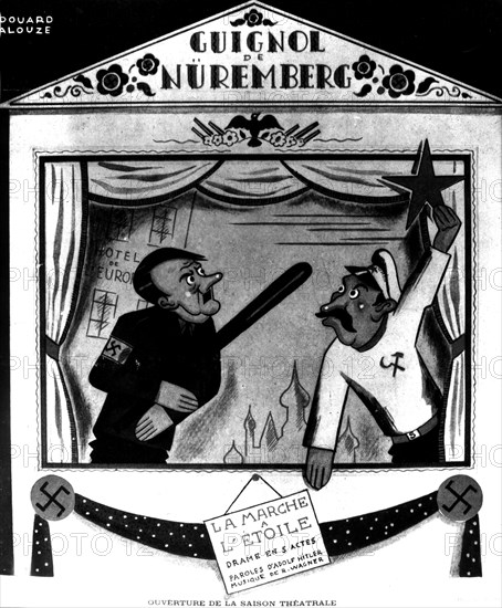 Caricature by E. Halouze in "The Laughter". "The Puppet". (Hitler and Stalin)