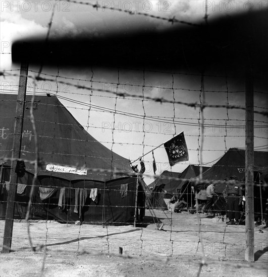 Le drapeau des Nations Unies flotte sur un camp de prisonniers, à Hind-Nagar