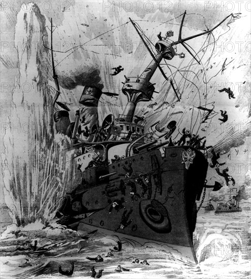 The "Petropavlosk" being torpedoed. Death of Admiral Makharoff and 600 Russian marines. in "The Little Journal", April 24 1904