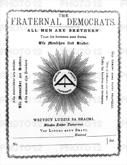 Bulletin d'adhésion à l'association "The fraternal democrats" fondée sous l'influence de Marx et Engels