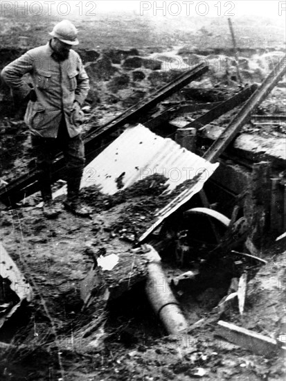 A German 105 howitzer in a bunker being destroyed by the French artillery, 1916