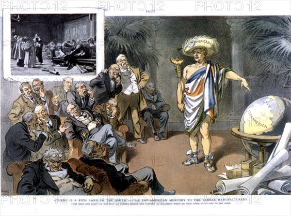 Caricature, the Pan-American Union standing in front of the wealthy managers of North American factories