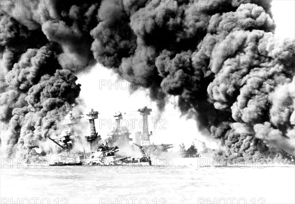 US ships on fire after the Pearl Harbor attack (1941)