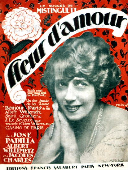 Couverture de l'édition musicale d'une chanson de Mistinguett : "Fleur d'amour"