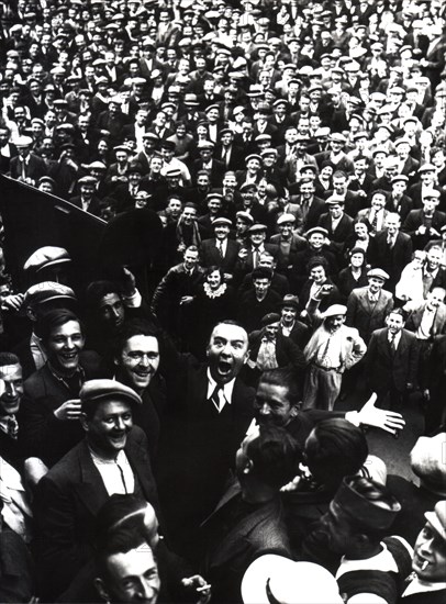 Strikers demonstrating in a steel factory in France in 1936