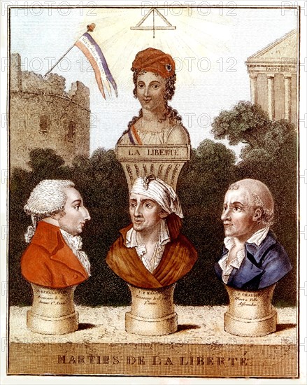 Allegory. The martyres of liberty: Le Peletier, Marat, Chalier