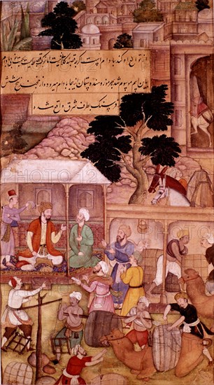 Persian miniature. Babur meeting Bedi