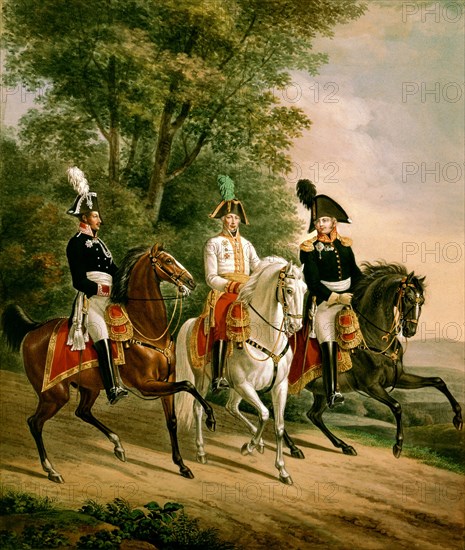 J.B. Mansfield et Klein, Les trois monarques, Alexandre 1er, François II et F. Guillaume III