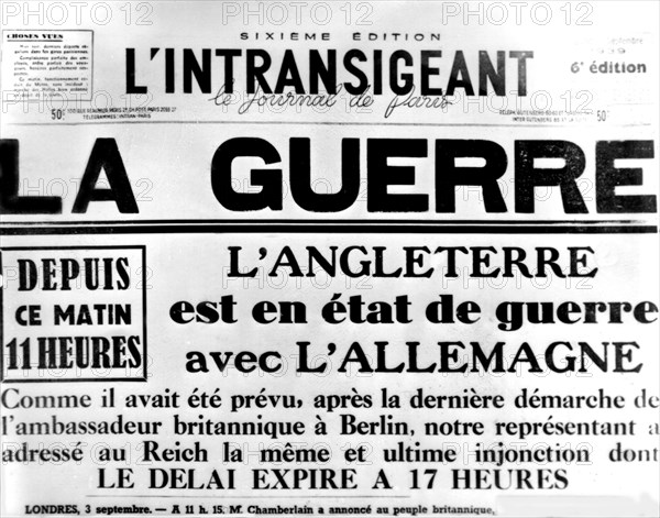Front page of 'L'Intransigeant' newspaper announcing that England is entering the war (1939)
