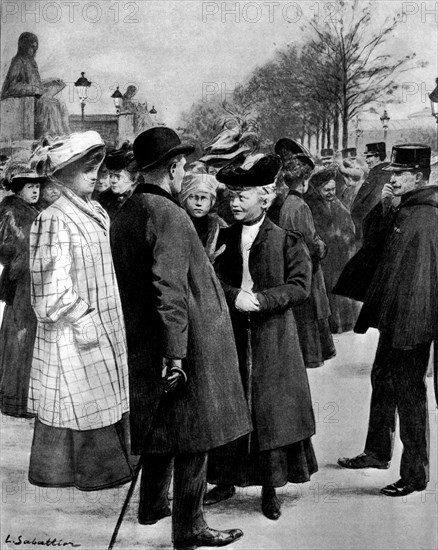 Demonstration of Parisian suffragettes in front of the Palais Bourbon, Paris