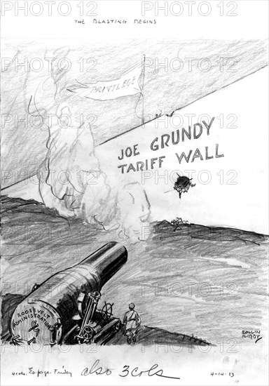 During the Great Depression, Roosevelt administration fighting against privileges. Drawing by Kirby