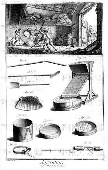 Diderot et D'Alembert. Encyclopédie des sciences et des arts. Agriculture. Le batteur en grange.