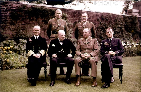 Sir Charles Portal, Churchill, Field Marshall, Sir Alan Brooke in the 10 Downing Street garden in London (May 1945)