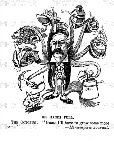 Caricature against Morgan and the different industry fields he controls