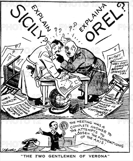 July 22, 1943, satircal cartoon published in the "Daily Express". Hitler, Mussolini and Goebbels