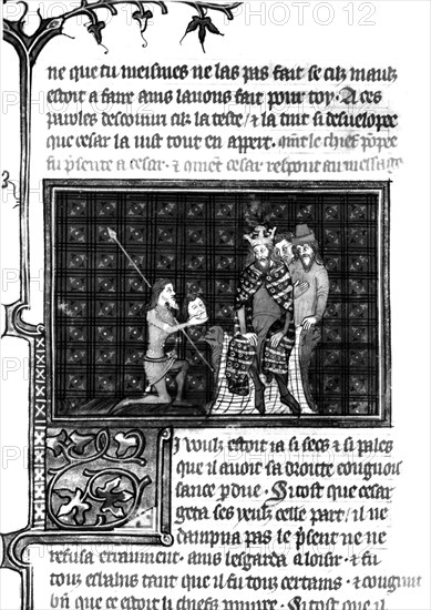 Miniature, "Les anciennes histoires romaines" ou "Livre de César". César contemple la tête de Pompée